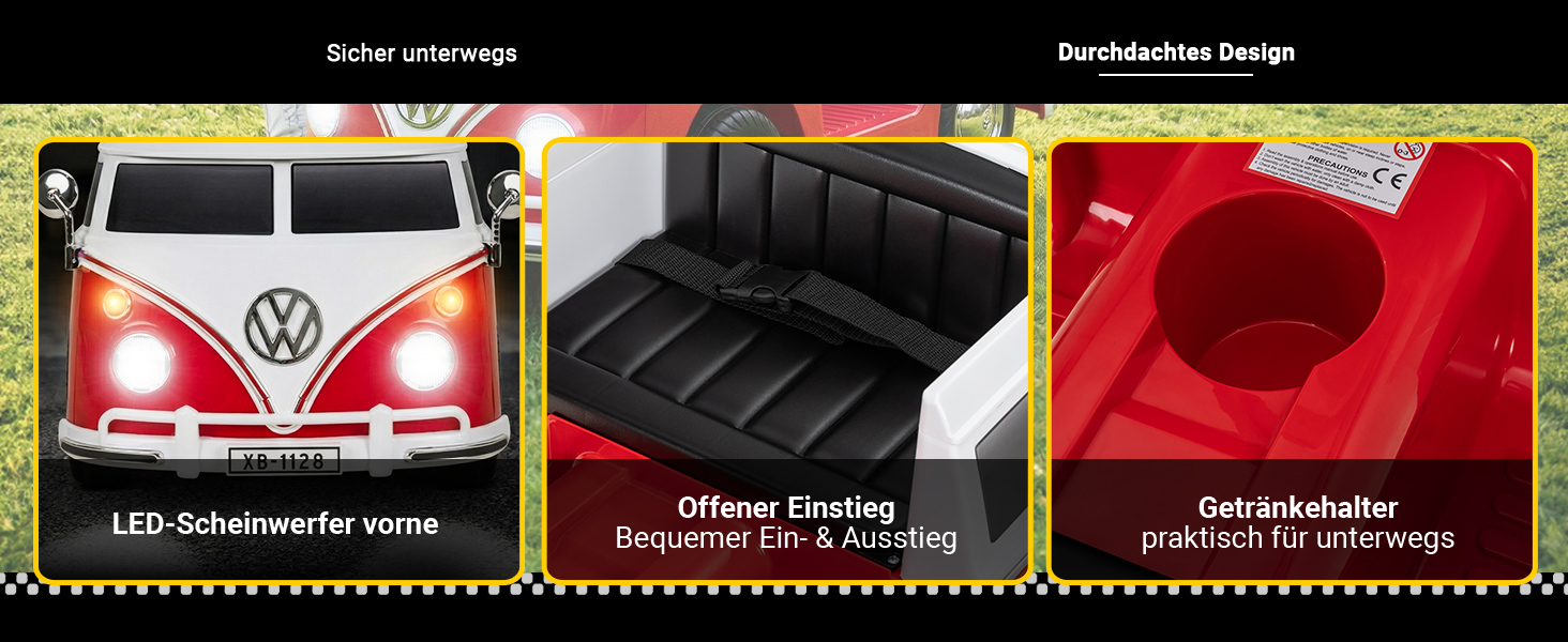 Durchdachte Details für mehr Komfort Der detailgetreue VW Camper überzeugt mit hellen LED-Frontscheinwerfern, einem offenen Einstieg für bequemes Ein- und Aussteigen sowie einem integrierten Getränkehalter. Diese praktischen Ausstattungsmerkmale sorgen für mehr Komfort und zusätzlichen Fahrspaß im Alltag.